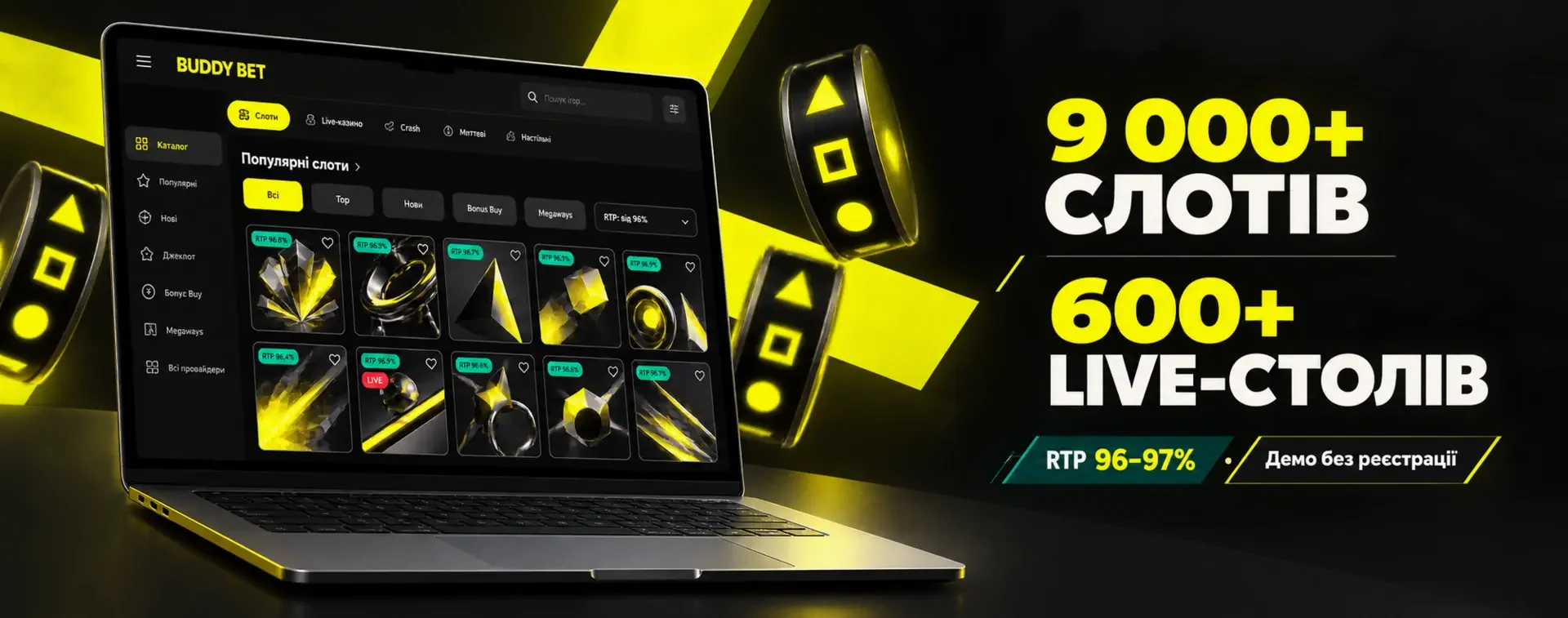 Каталог Buddy Bet Казино: 9 000+ слотів і 600+ live-столів, RTP 96–97%